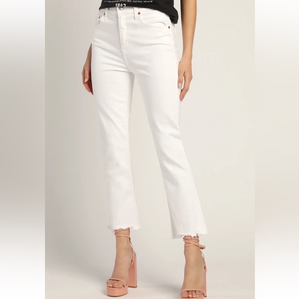 Daze Denim Shy Girl White High-Waisted Cropped Distressed Flare Jeans Lulus 28